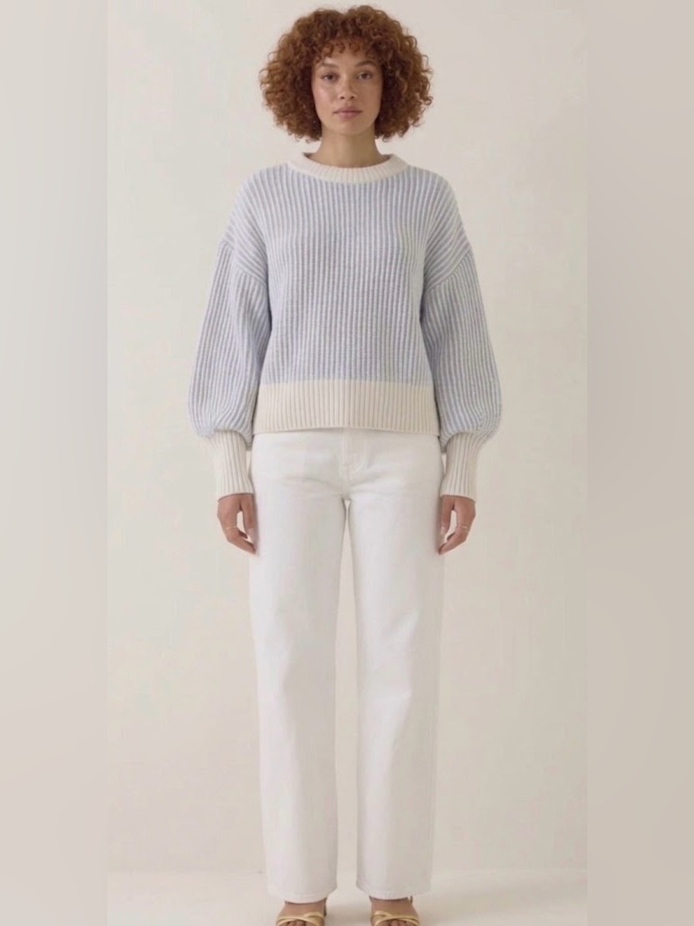 Altar'd State Plaited Stripe Blue & Ivory Crew Sweater